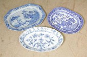 THREE BLUE AND WHITE PLATTERS.