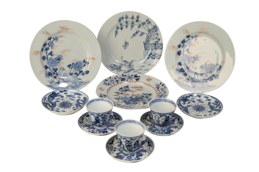 THREE BLUE AND WHITE TEACUPS AND