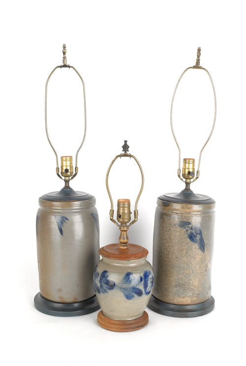 Three blue decorated stoneware