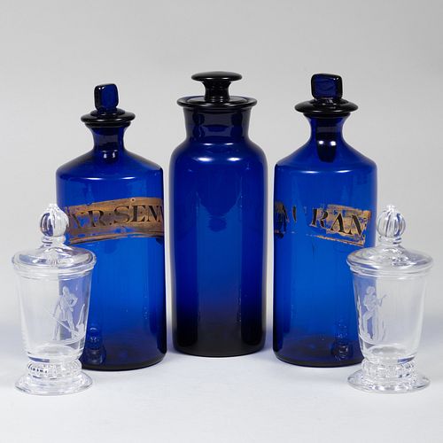 THREE BLUE GLASS APOTHECARY JARS
