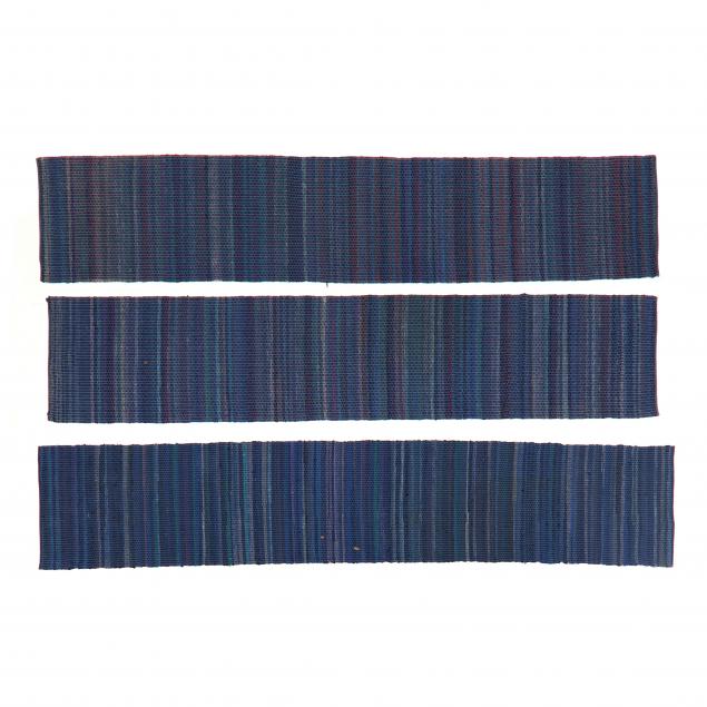 THREE BLUE WOOL RUNNERS Woven in