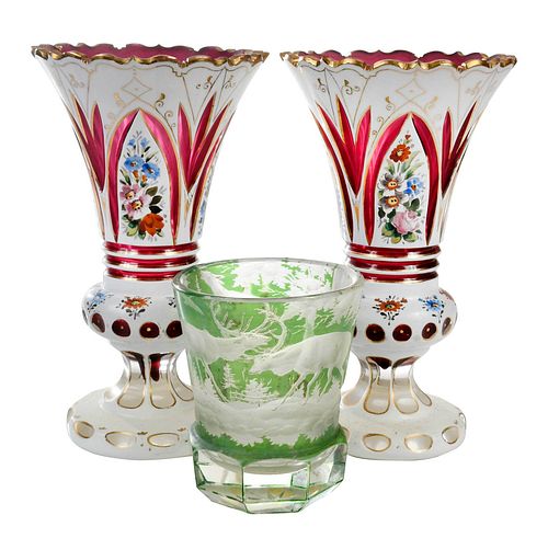 THREE BOHEMIAN CUT TO CLEAR GLASS