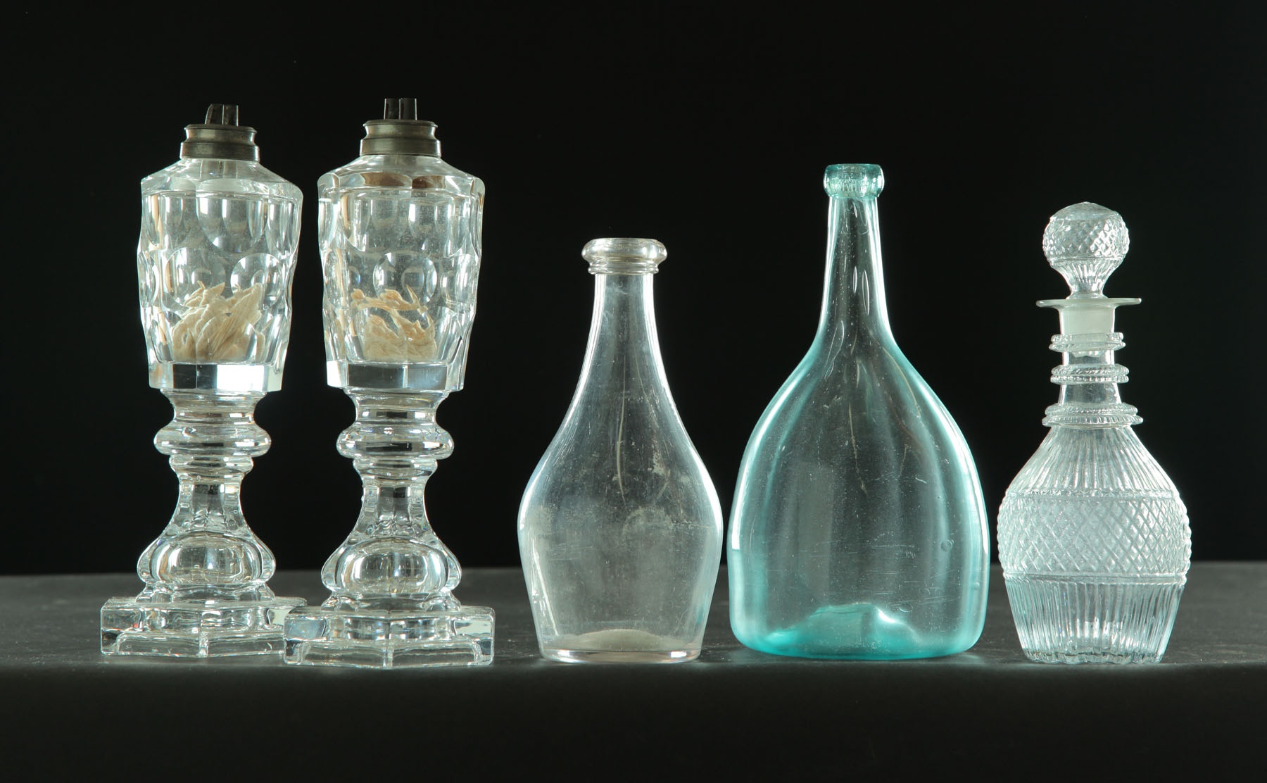 THREE BOTTLES AND PAIR OF LAMPS. 