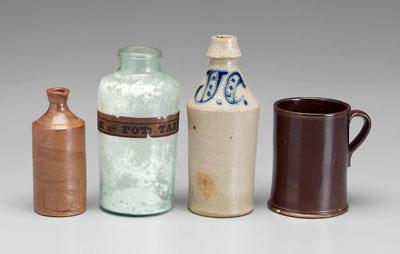 Three bottles, mug: one salt-glazed