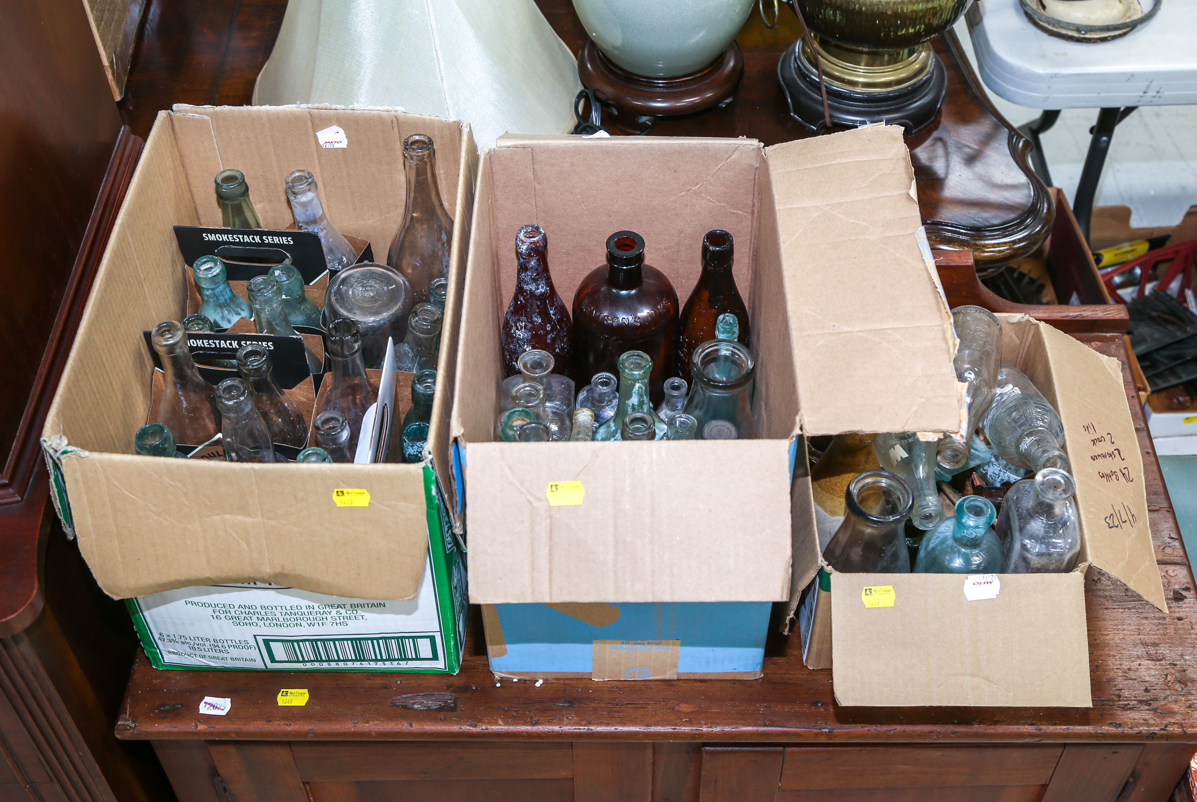 THREE BOXES OF ANTIQUE GLASS &