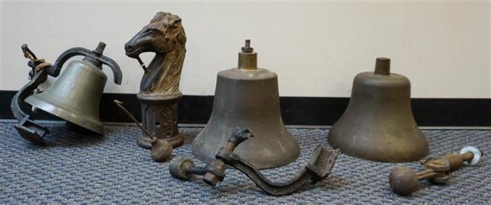THREE BRASS BELLS AND CAST IRON