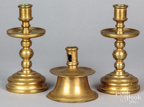 THREE BRASS CANDLESTICKS, TO