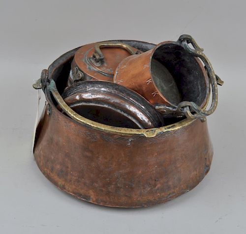 THREE BRASS HANDLED COPPER POTS &