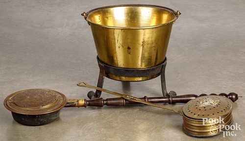 THREE BRASS HEARTH ITEMSThree brass