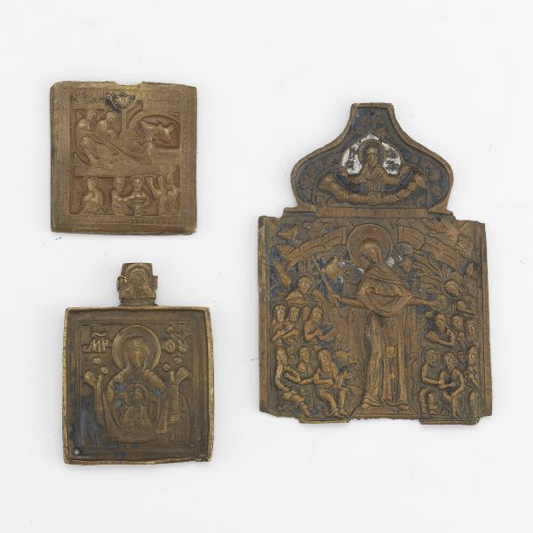 THREE BRASS MINIATURE ICONS 