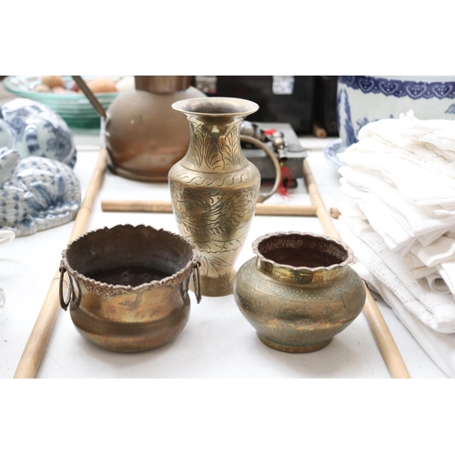 Three brass pieces, vase and
