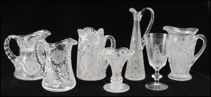 THREE BRILLIANT CUT GLASS PITCHERS.