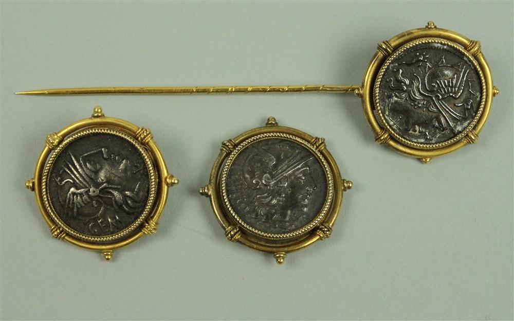 THREE BRONZE COIN EARRINGS AND