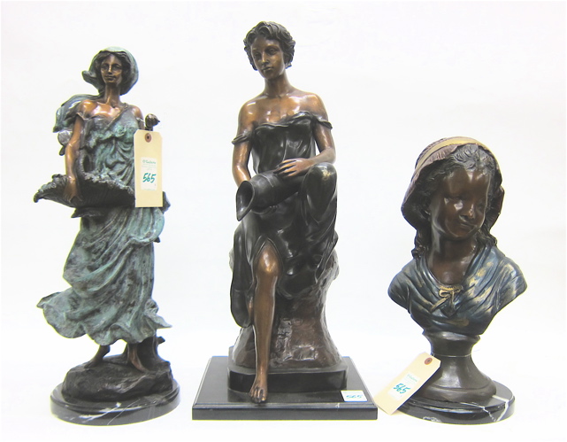 THREE BRONZE FEMALE FIGURES: