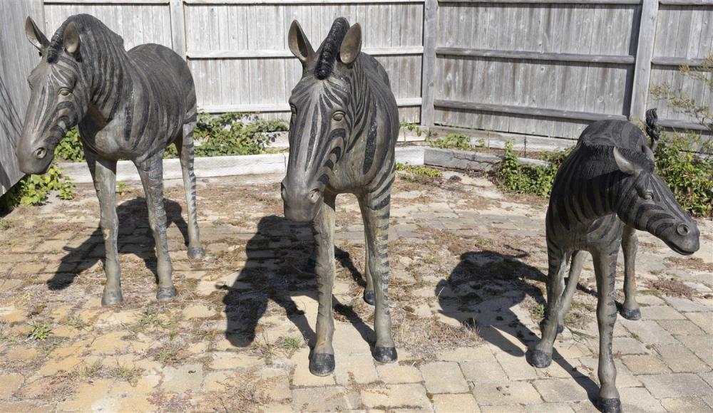 THREE BRONZE ZEBRA GARDEN STATUES