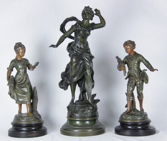 Three bronzed spelter figures