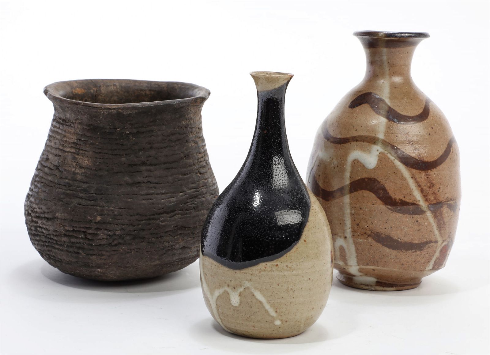 THREE BROWN GLAZED POTTERY