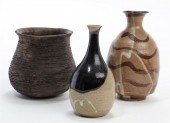 THREE BROWN GLAZED POTTERY VES