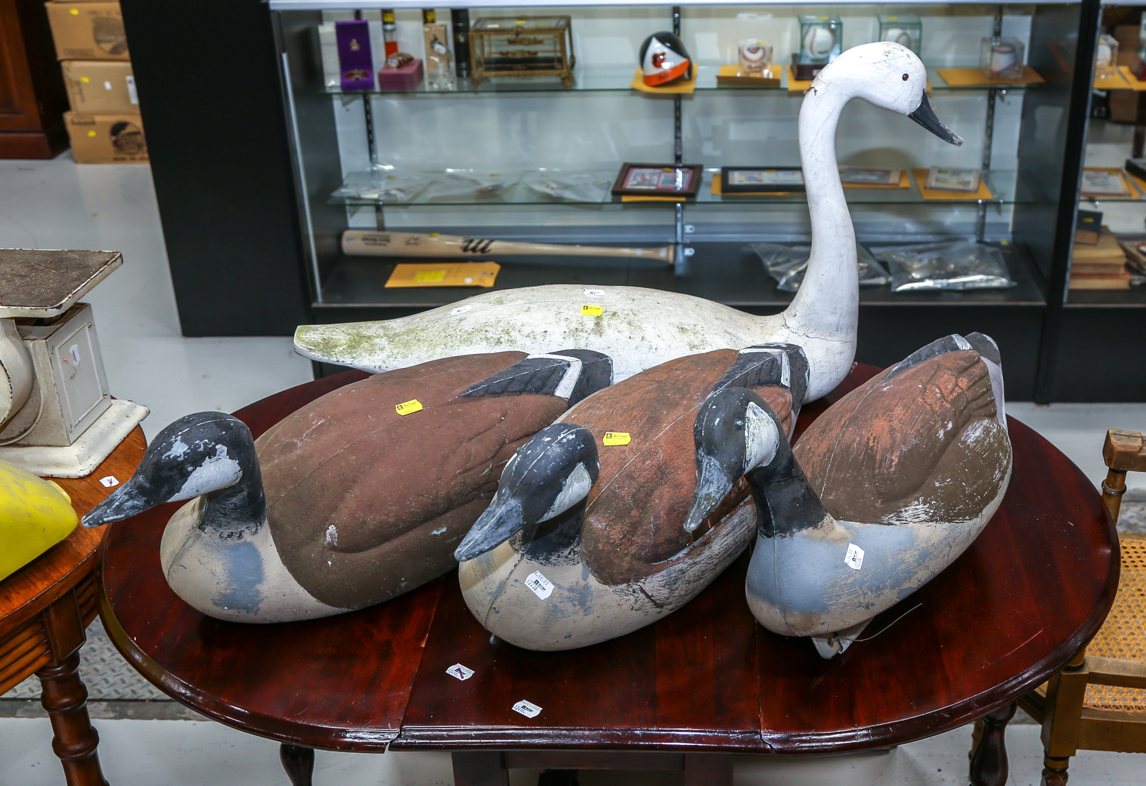 THREE CANADA GOOSE DECOYS; SWAN