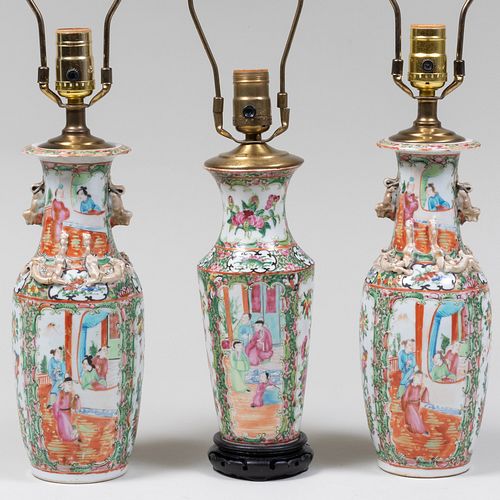 THREE CANTON FAMILLE ROSE VASES