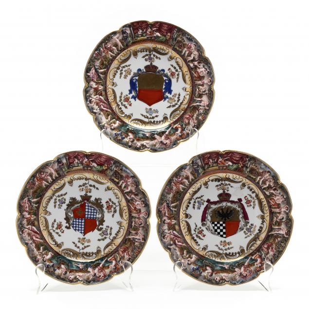 THREE CAPODIMONTE ARMORIAL PLATES