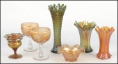 THREE CARNIVAL GLASS VASES. To