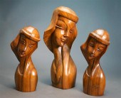 THREE CARVED MAHOGANY BUSTS OF