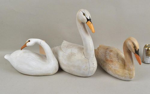 THREE CARVED & PAINTED SWAN