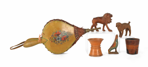 Three carved pine figures of a