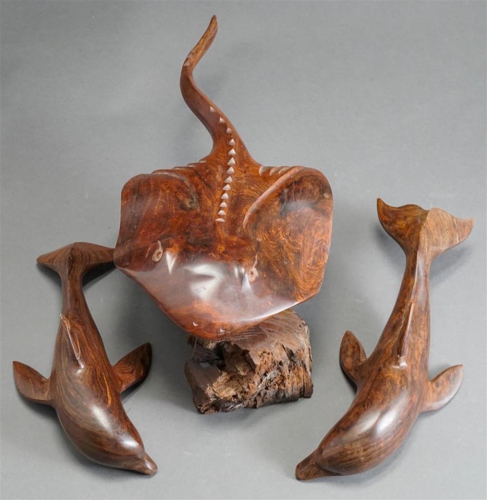 THREE CARVED ROSEWOOD SEA LIFE
