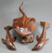 THREE CARVED ROSEWOOD SEA LIFE