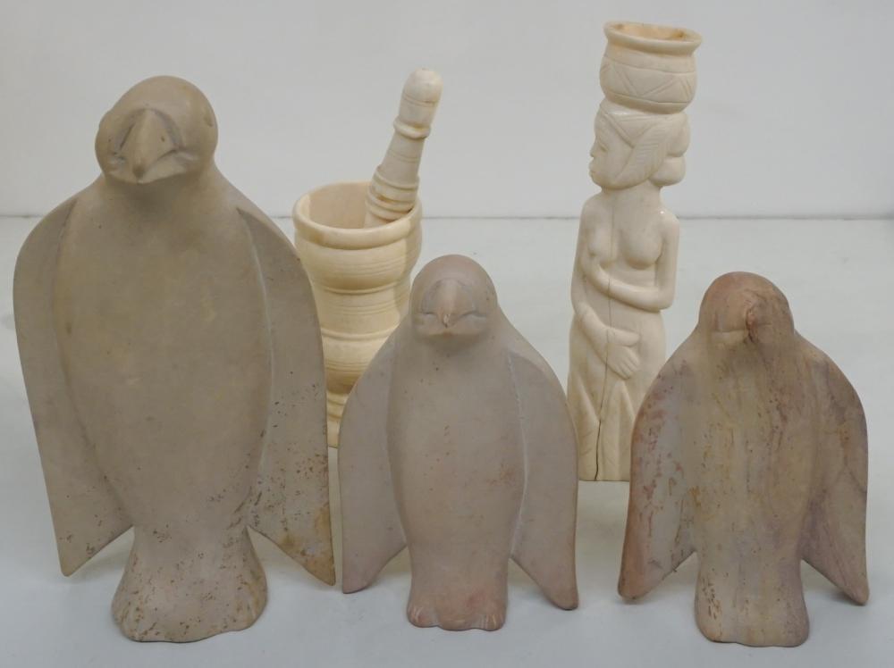 THREE CARVED STONE PENGUINS,