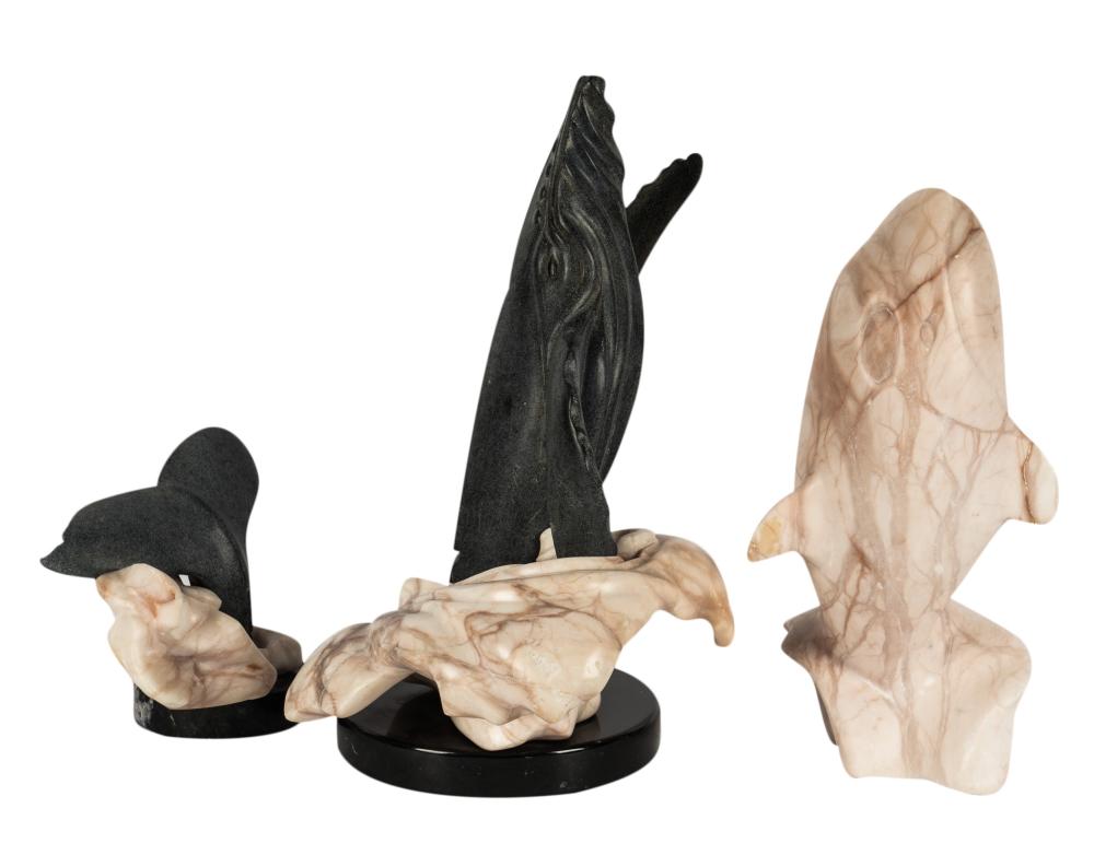 THREE CARVED STONE WHALE