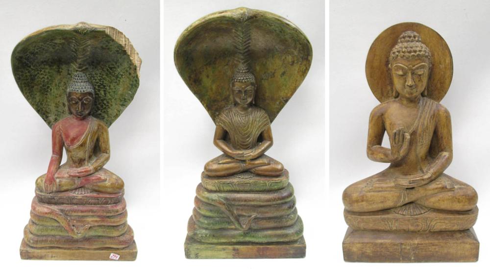 THREE CARVED WOOD BUDDHA