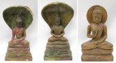 THREE CARVED WOOD BUDDHA SCULP