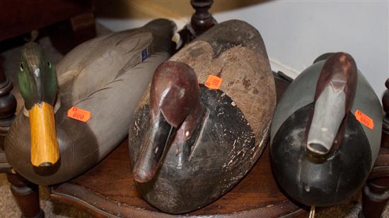 Three carved wood duck decoys