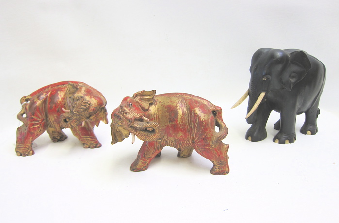THREE CARVED WOOD ELEPHANT FIGURES: