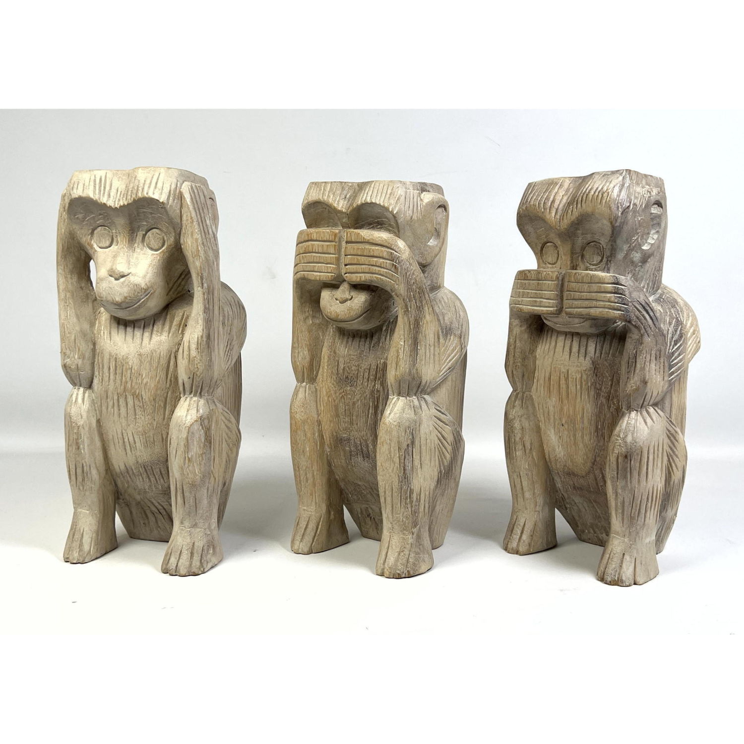 Three Carved Wood Monkey Figures.