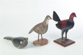 THREE CARVED WOODEN BIRDS.  Se