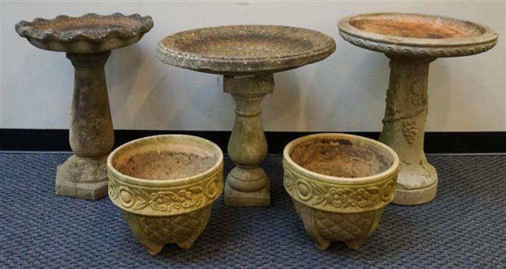 THREE CAST CEMENT BIRD BATHS AND