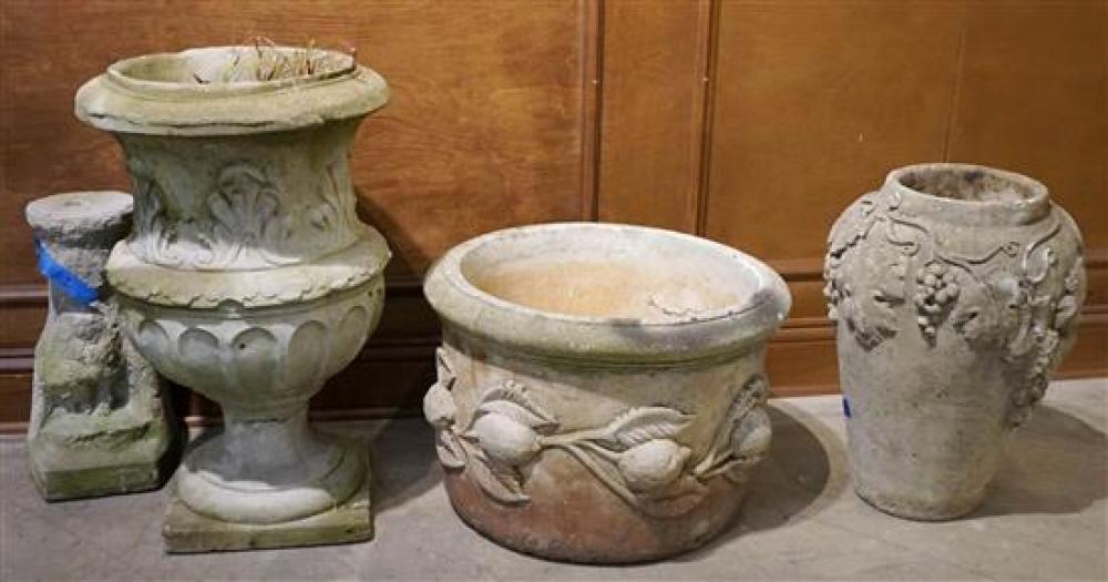 THREE CAST CEMENT URNS AND A LOW