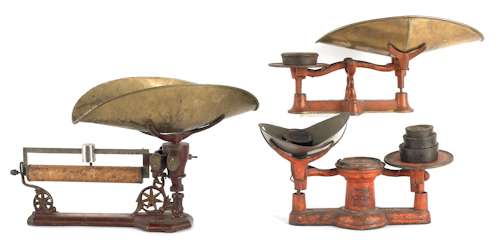 Three cast iron and brass counter