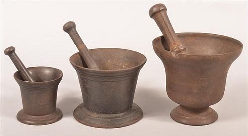 THREE CAST IRON MORTAL &