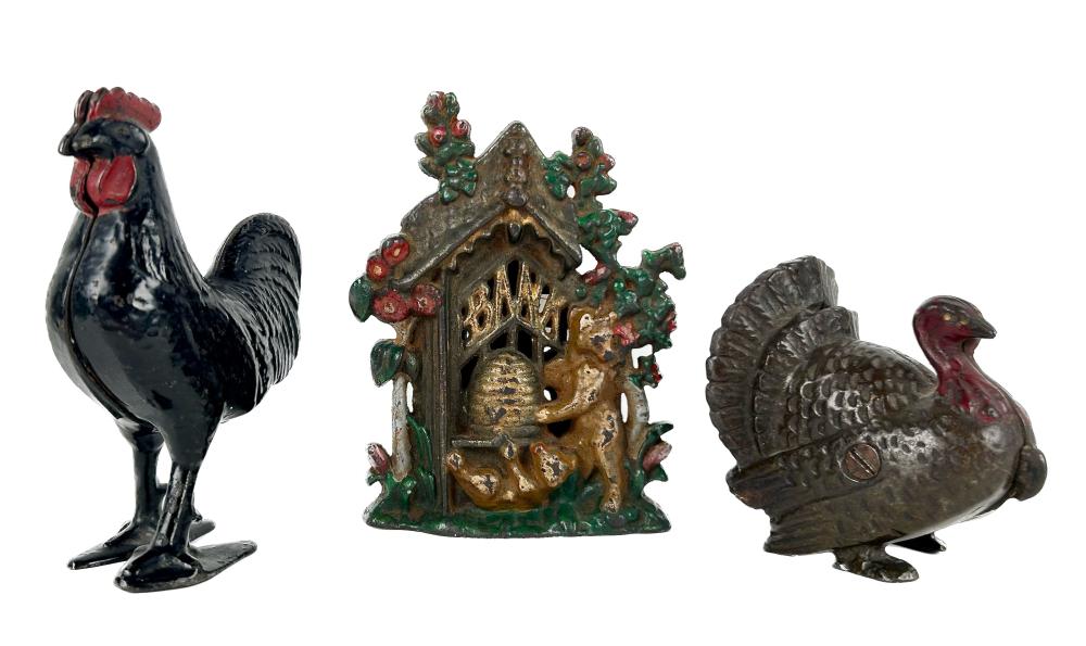 THREE CAST IRON STILL BANKS LATE