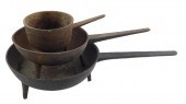 THREE CAST IRON TRIPOD SKILLET