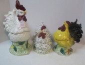 THREE CERAMIC ROOSTER COOKIE J