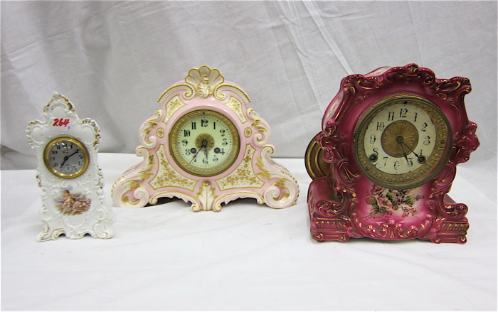 THREE CHINA CASE MANTEL CLOCKS: