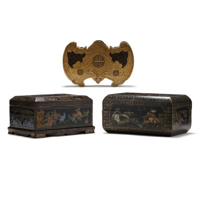 THREE CHINESE BLACK AND GILT