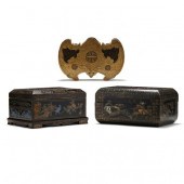 THREE CHINESE BLACK AND GILT L