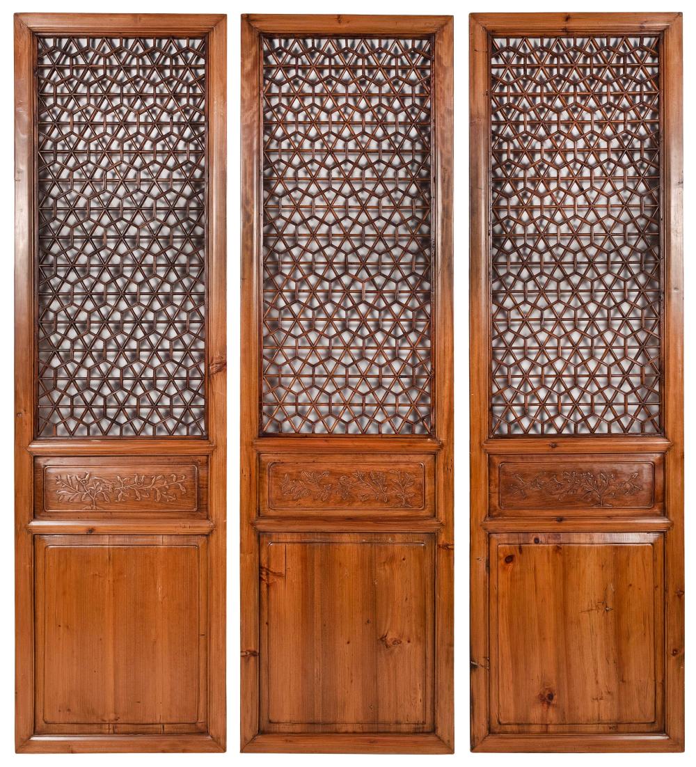 THREE CHINESE CARVED PINE PANELS